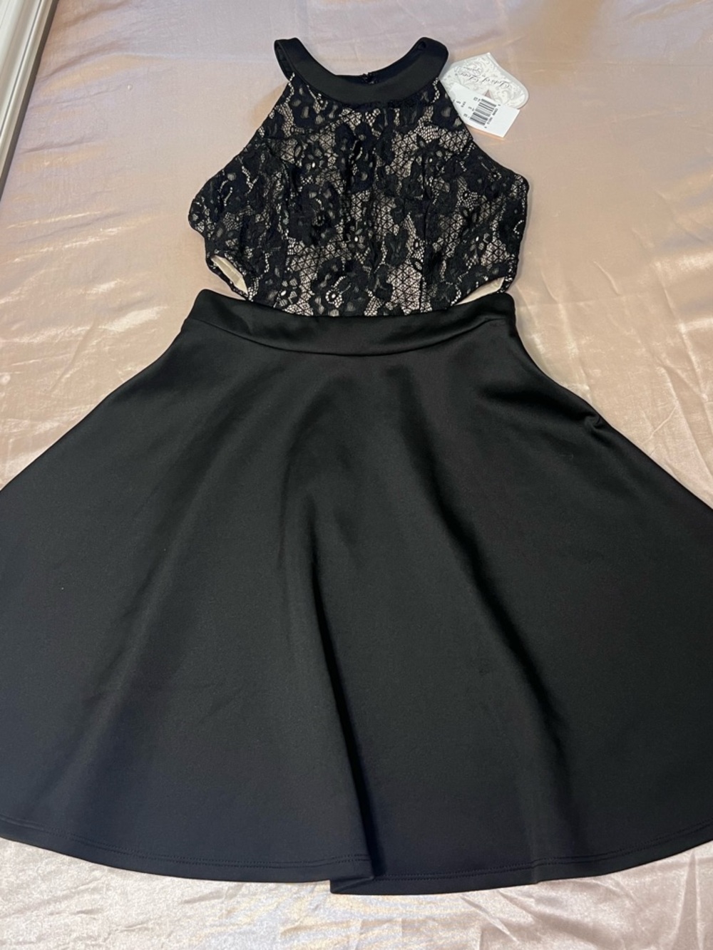 NWT Black Halter Style Mini Dress with Lace Accents Size 5 Small Fit & Flare